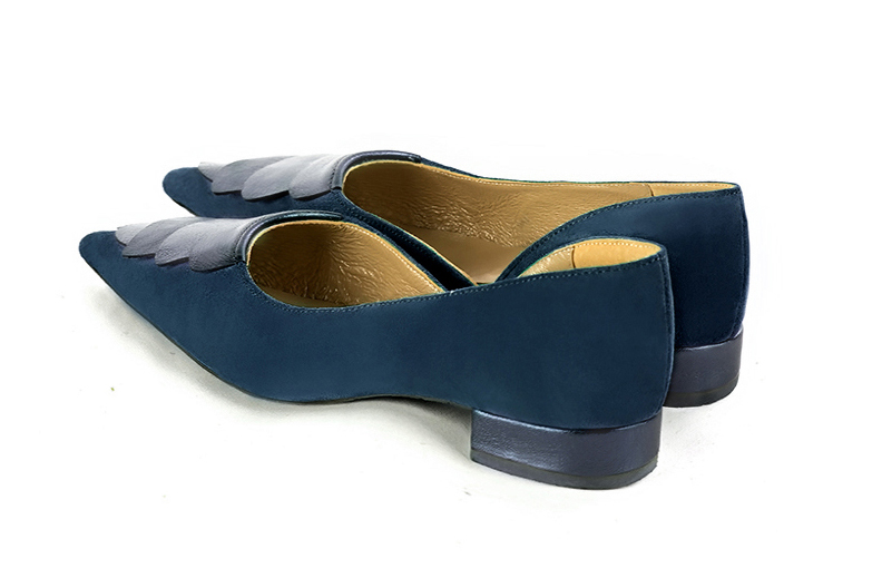 Women's navy blue and denim blue elegant open arch pumps. Pointed toe. Flat flare heels - Rear view